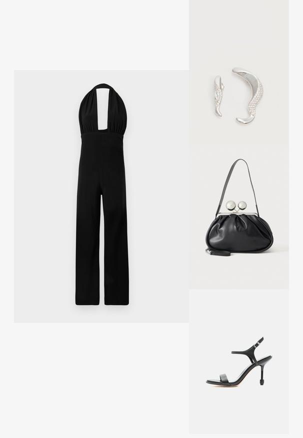 Zwarte halter jumpsuit met een diepe halslijn, geplooide bodice en een wijde broekspijp. De stof heeft een gladde textuur en een consistente kleur.; Zwarte leren sandaal met hoge hak, dunne bandjes, open teen en verstelbare enkelgesp, weergegeven tegen een effen witte achtergrond.; Zwarte leren handtas met een geplooid ontwerp, een enkele schouderband, zilverkleurige metalen omlijsting en twee grote ronde zilveren sluitingen.; Twee gebogen zilveren oorbellen, de één groter dan de ander, beide versierd met kleine fonkelende kristallen langs één rand.