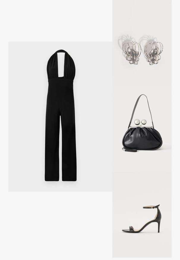 Combinaison noire à encolure dégagée avec un décolleté profond, un buste froncé et une coupe large. Le tissu a une texture lisse et une couleur uniforme.; Sandale à talons hauts en cuir noir avec une lanière de cheville. Présente une texture lisse, un bout ouvert et un talon fin. Détail de boucle en ton doré.; Sac à main en cuir noir avec un design plissé, une sangle unique, un cadre métallique argenté et deux grandes fermoirs ronds en argent.; Paire de boucles d'oreilles en métal argenté avec un design en cage à fil ouvert et des formes ovales centrales lisses projetant des ombres courbes sur un fond blanc.