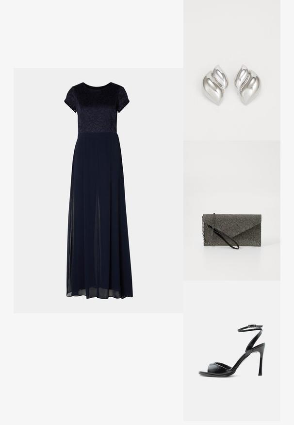 Navyblaues Abendkleid mit kurzen Spitzenärmeln, einem taillierten Oberteil und einem fließenden Rock mit Seitenschlitzen und einem weichen, durchsichtigen Überzug.; Schwarze Sandalette mit hohem Absatz, offenem Zehenbereich, schlankem Stiletto-Absatz und Knöchelriemen mit Schnalle vor weißem Hintergrund.; Metallisch graue Clutch-Tasche mit strukturiertem Mesh-Muster, Kuvert-Design, Kettenriemen und einem eleganten, dünnen Handgelenkriemen.; Silberne Ohrringe mit einer organischen, abstrakten Form. Glatte, glänzende Oberfläche mit einem konischen Design. Mit dezenten Kurven und einem zentralen Linienelement.