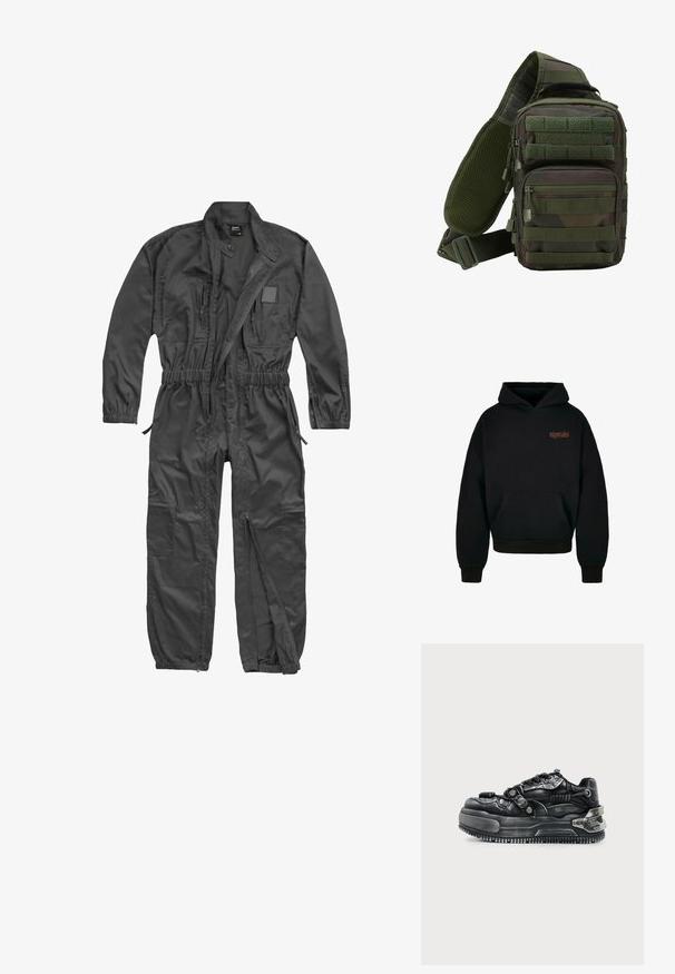 Combinaison noire à manches longues avec fermeture éclair frontale, taille et poignets élastiques, plusieurs poches zippées et col montant avec bouton-pression.; MJ Gonzales ART IS REVOLUTION - Sweat à capuche - black; Baskets chunky noires avec semelle épaisse, lacets, sangles texturées et détails métalliques au talon et sur les côtés sur un fond clair.; Sac à dos en bandoulière camouflage vert avec plusieurs poches zippées, une sangle réglable et un panneau arrière en mesh pour la ventilation.