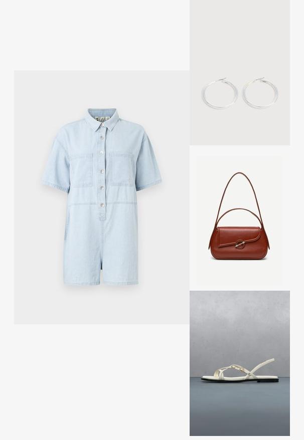 Lichtblauwe denim short jumpsuit met een kraag, korte mouwen, twee voorzakken en knoopsluiting aan de voorkant.; Witte platte sandaal met bandjes en een enkelgesp, zwevend boven een houten tegelvloer buiten bij groenbeplanting en een grijze stenen muur.; Bruine leren schoudertas met afgeronde rechthoekige vorm, asymmetrische klep, zilveren ronde sluiting en twee dunne bandjes.; Een paar glanzende zilveren oorringen met dunne draadafsluitingen, getoond op een lichtgrijze achtergrond.
