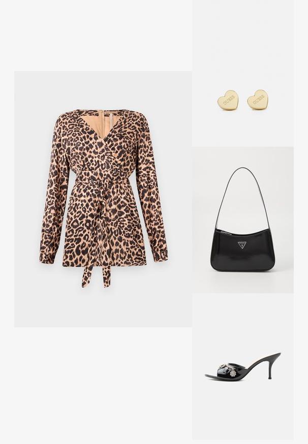 Leopardmønstret omslagstop med lange ærmer, der har en bindebånd i taljen, blød stoftekstur og dyb V-udskæring. Beige og sort farveskema.; Sort laklæder højt hælet mule med åben tå og dekorative sølvcharme inklusive en blomst og hængelås på frontstroppen.; Sort patenteret læder skuldertaske med en buet form, prydet med et sølvfarvet trekantet logo og en lynlås-lukning. Glat tekstur og slank rem.; Guld hjerteformede øreringe med en poleret finish, præget "GUESS"-logo og glat tekstur. Enkel design, velegnet til forskellige anledninger.
