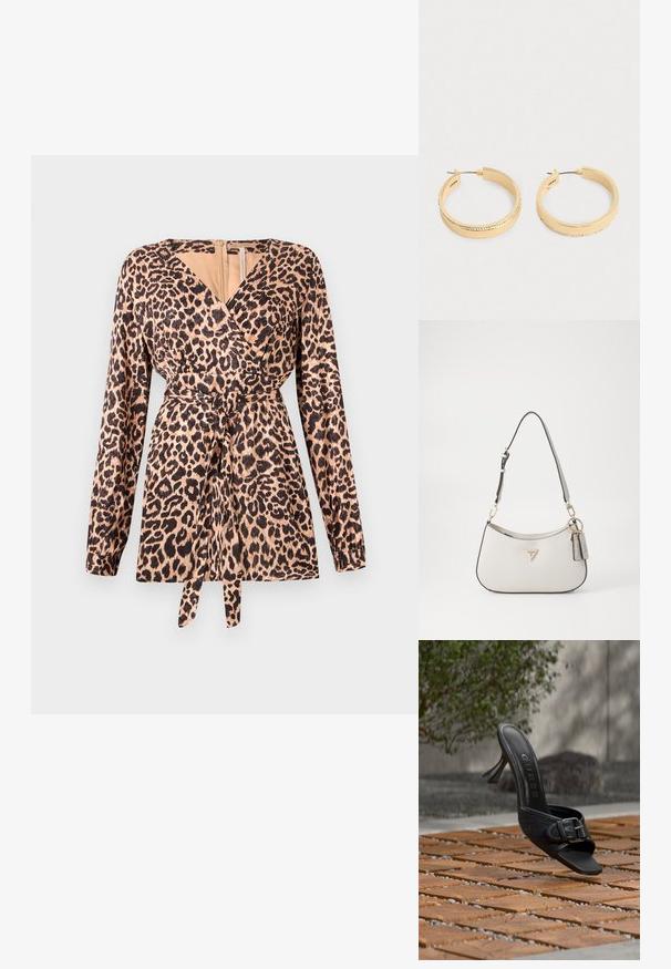 Leopardmønstret omslagstop med lange ærmer, der har en bindebånd i taljen, blød stoftekstur og dyb V-udskæring. Beige og sort farveskema.; Sort højhælet mule med spænde detalje, "GUESS" logo på indersålen, svæver over trægulv udendørs med sløret grønt baggrund.; Hvid tekstureret håndtaske med en buet form, guldfarvet hardware, en aftagelig rem og et logo-akcent. Inkluderer en nøglekædetag med branding.; Et par guldtonede hoops øreringe med en række små krystaller langs den yderste kant, vist på en ensfarvet lys baggrund.