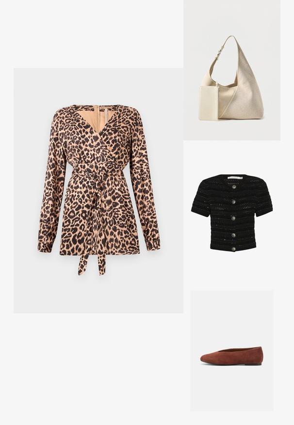 Leopardmønstret omslagstop med lange ærmer, der har en bindebånd i taljen, blød stoftekstur og dyb V-udskæring. Beige og sort farveskema.; Sort kortærmet cardigan med teksturerede striber og knaplukning, som har sølvfarvede knapper. Strikket materiale med et åbent vævemønster.; Flad brun ruskind ballerinasko til kvinder med rundet tå og lav hæl, vist i venstre sideprofil på hvid baggrund.; Beige stof hobo taske med justerbar rem og vedhæftet lille rektangulær lynlåslomme i matchende farve.