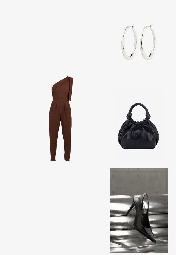 Brun en-skulder jumpsuit med draperet stofdetalje, tapered ben og plisseret front. Fremstillet af et blødt, strækbart materiale.; Blank sort højhælet slingback-sko balanceret på en blank sølvfarvet metallisk polstret overflade med glat tekstur.; Sort blød læderhåndtaske med samlet top og to tykke håndtag bundet i knuder mod en ensfarvet lys baggrund.; Sølvøreringe i form af hoops med en glat, blank finish. Cirkulær form, der har en sikker lås. Simpelt og elegant design.