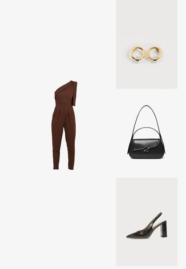 Bruin een-schouder jumpsuit met gedrapeerd textiel detail, taps toelopende benen en geplooid voorpand. Gemaakt van een zachte, elastische stof.; Zwarte leren slingback schoen met spits toelopend neusje, hoge blokhak en beige binnenvoering tegen een effen lichte achtergrond.; Zwarte leren schoudertas met een gebogen klep die is bevestigd met een ronde metalen sluiting en een smalle, verstelbare band.; Gouden ronde oorbellen met aan elke oorbel twee kleine zilveren ringetjes, met subtiele gegraveerde merknamen, geplaatst op een witte achtergrond.