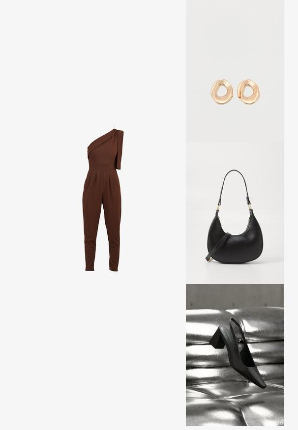 Braunes Ein-Schulter-Jumpsuit mit drapiertem Stoffdetail, schmal zulaufenden Beinen und gefaltetem Vorderteil. Hergestellt aus einem weichen, dehnbaren Material.; Schwarzer Slingback-Absatz mit spitz zulaufender Spitze, der eine strukturierte Oberfläche und einen massiven Blockabsatz aufweist. Auf einem glänzenden, metallischen Hintergrund platziert.; Schwarze Lederhandtasche mit geschwungener Form, ausgestattet mit einem oberen Reißverschluss, einem kurzen Griff und einem abnehmbaren Schulterriemen. Goldene Hardware-Akzente.; Paar unregelmäßig geformter, polierter Creolen aus goldfarbenem Metall mit offenem Zentrum auf weißem Hintergrund.