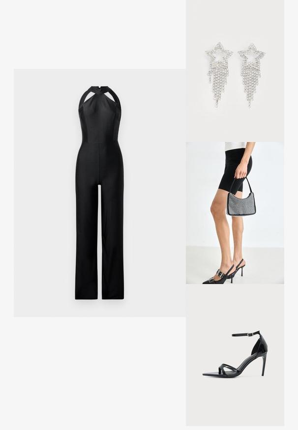 Jumpsuit noir avec un col halter, présentant des découpes, un buste ajusté et une silhouette à jambes larges. Fabriqué en tissu lisse et extensible.; Sandale à talon haut en cuir verni noir avec fine bride à la cheville, bout ouvert et design minimaliste sur fond clair uni.; Sac à main à perles noires avec une silhouette courbée, une poignée de transport et une texture brillante. Porté avec des chaussures à talons hauts noires et un short noir ajusté.; Boucles d'oreilles en strass en forme d'étoile avec des détails de franges en cascade, présentant une teinte argentée et une surface brillante et réfléchissante. Forme d'étoile avec un design complexe.