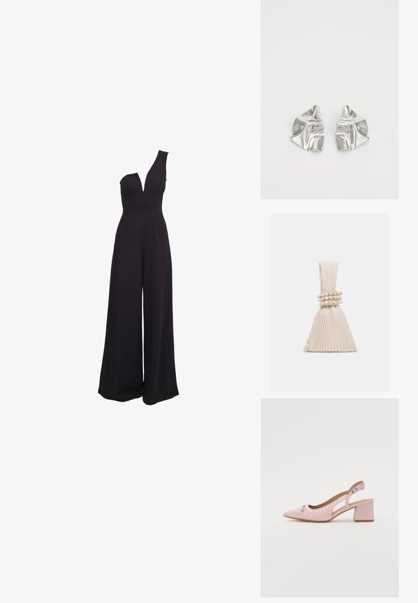 Schwarzer Jumpsuit mit einem einseitigen Design, tiefem V-Ausschnitt, weiten Beinen und einem taillierten Oberteil. Hergestellt aus einem glatten, dehnbaren Stoff.; Rosa Slingback-Pumps mit spitzer Zehenpartie, Obermaterial aus Stoff, abgerundeten Aussparungen, Perlendetails und Blockabsatz. Mit seitlicher Schnallendetail.; Kleine beigen Faltentasche mit einem verknoteten Griff und drei runden Perlenarmbändern, die um die Mitte gewickelt sind.; Silberne Metallohrringe mit einem wellenförmigen, skulpturalen Design, das eine polierte Oberfläche und unregelmäßige Formen aufweist, die eine zeitgenössische Ästhetik betonen.