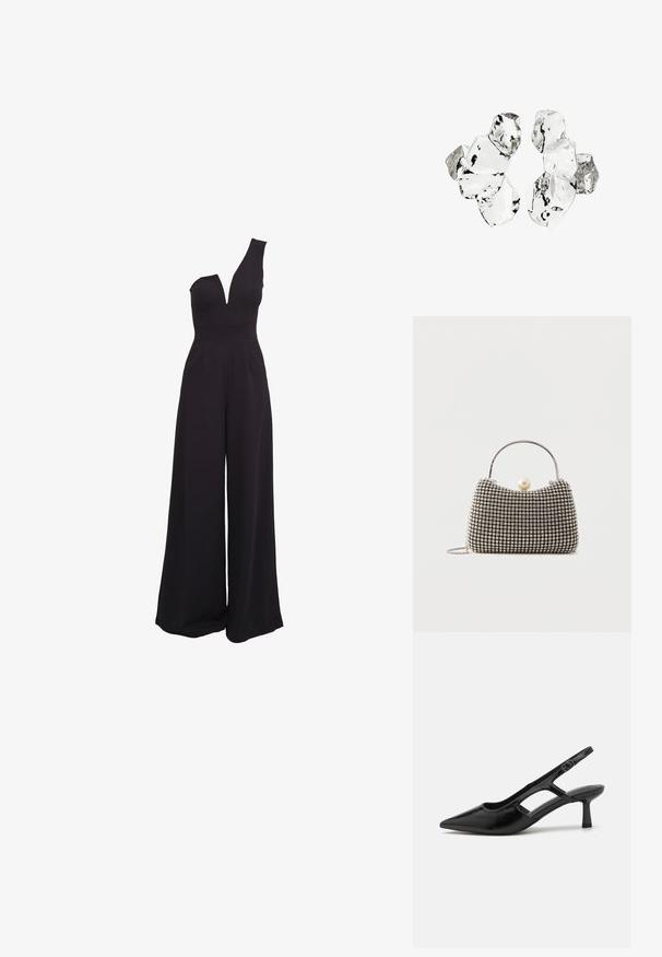 Schwarzer Jumpsuit mit einem einseitigen Design, tiefem V-Ausschnitt, weiten Beinen und einem taillierten Oberteil. Hergestellt aus einem glatten, dehnbaren Stoff.; Schwarze Slingback-Absätze mit spitzer Zehenpartie, aus glänzendem Material gefertigt, mit ausgeschnittenen Akzenten und einem moderaten Absatz für Unterstützung.; Kleine Handtasche mit silbernem Gittermuster, gebogenem Griff, großem Perlenverschluss und einem dünnen silbernen Kettenriemen auf schlichtem Hintergrund.; Cluster von sechs unregelmäßig geformten, transluzenten und reflektierenden glasähnlichen Stücken, angeordnet auf weißem Hintergrund.