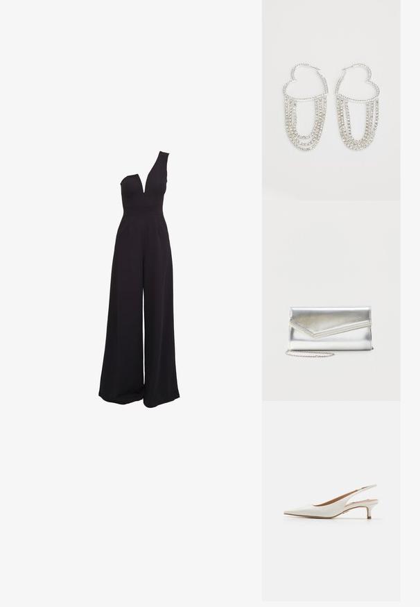 Sort jumpsuit med én skulder, dyb V-hals, brede bukser og en tætsiddende overdel. Lavet af et glat, strækbart stof.; Steve Madden KARI - Pumps - white; Skinnende sølv clutch taske med kuvertlåg og dekorativ kant, lille sølvkæde, på ensartet lys baggrund.; Sølv hoops i hjerteform, prydet med hængende strenge af klare rhinsten for ekstra glans og struktur.