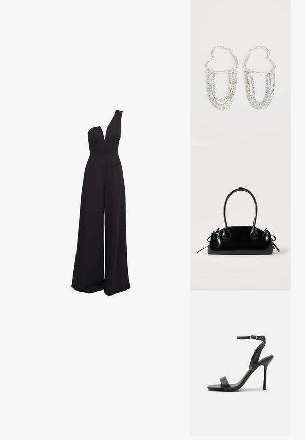 Sort jumpsuit med én skulder, dyb V-hals, brede bukser og en tætsiddende overdel. Lavet af et glat, strækbart stof.; Sort højhælet sandal med en slank ankelrem og to forreste bånd. Lavet af glat læder med en slank spids tå og stilettohæl.; Lille sort blank håndtaske med to lange håndtag og snøre-detaljer i siden på en ensfarvet lys baggrund.; Sølv hoops i hjerteform, prydet med hængende strenge af klare rhinsten for ekstra glans og struktur.
