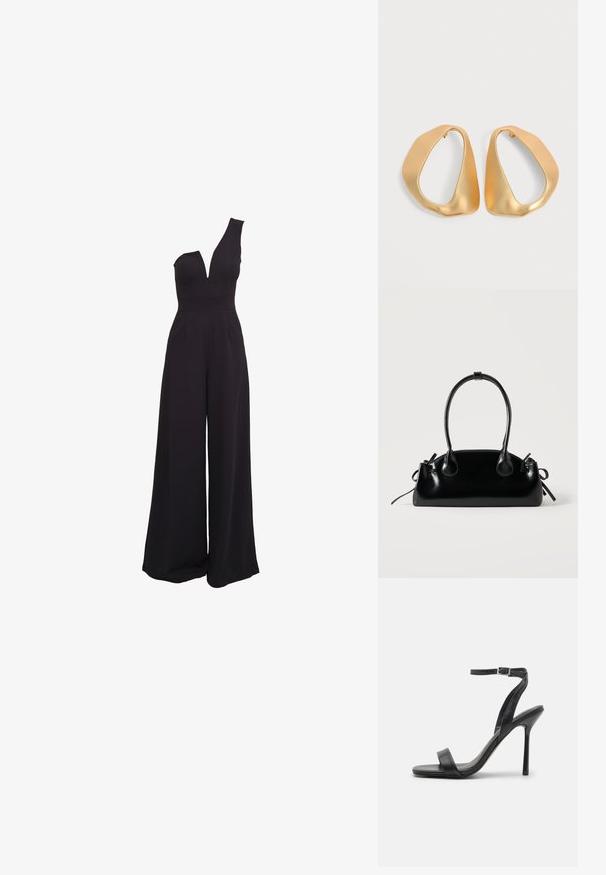Schwarzer Jumpsuit mit einem einseitigen Design, tiefem V-Ausschnitt, weiten Beinen und einem taillierten Oberteil. Hergestellt aus einem glatten, dehnbaren Stoff.; Schwarze High-Heels-Sandalen mit schlankem Knöchelriemen und zwei vorderen Riemen. Aus glattem Leder gefertigt, mit einer eleganten spitzen Zehenform und einem Stiletto-Absatz.; Kleine schwarze glänzende Handtasche mit zwei langen Griffen und seitlichen Kordelzug-Details vor einfachem hellem Hintergrund.; Paar unregelmäßiger, asymmetrischer goldener Creolen mit glatter, matter Oberfläche vor neutralem Hintergrund.