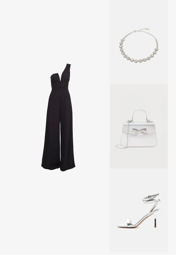 Schwarzer Jumpsuit mit einem einseitigen Design, tiefem V-Ausschnitt, weiten Beinen und einem taillierten Oberteil. Hergestellt aus einem glatten, dehnbaren Stoff.; Silberne Sandale mit hohem Absatz und umlaufenden Riemen am Knöchel sowie dünnem Stiletto-Absatz, seitlich auf weißem Hintergrund gezeigt.; Kleine silberne Handtasche mit einem oberen Griff, Kettenriemen und einer dekorativen Schleife mit Strasssteinen auf der vorderen Klappe.; sweet deluxe NECKLACE CAROLIN - Halskette - silver-coloured