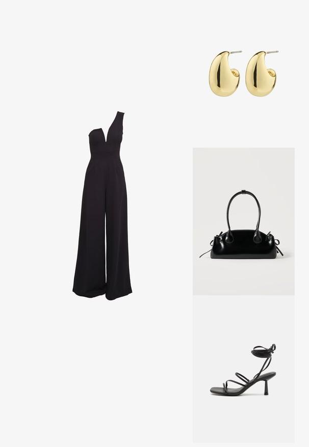 Sort jumpsuit med én skulder, dyb V-hals, brede bukser og en tætsiddende overdel. Lavet af et glat, strækbart stof.; Sort strappy sandal med firkantet tå, justerbare ankelbind og en slank, blokhæl. Fremstillet af et glat, holdbart materiale.; Lille sort blank håndtaske med to lange håndtag og snøre-detaljer i siden på en ensfarvet lys baggrund.; Guldtonede studøreringe med en glat, poleret overflade i en abstrakt, tårnform. Simple metalpind til fastgørelse.