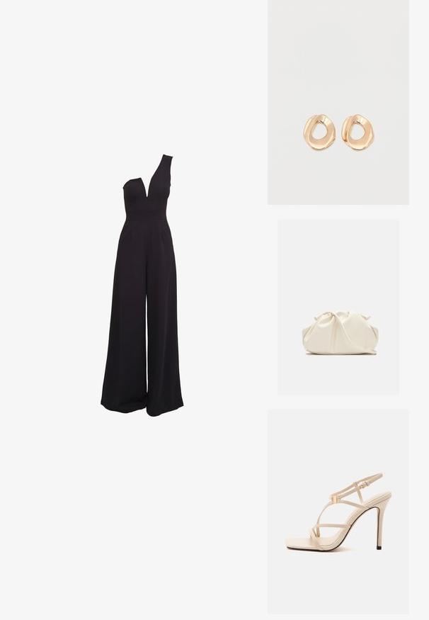 Sort jumpsuit med én skulder, dyb V-hals, brede bukser og en tætsiddende overdel. Lavet af et glat, strækbart stof.; Beige højhælet sandal med tynde stropper, firkantet tå, spænde lukning og stilethæl på hvid baggrund.; Blød, cremefarvet læder clutch taske med samlet, rynket design og en tynd skulderrem, der hviler foran på en ensfarvet baggrund.; Par af uregelmæssigt formede, polerede øreringe i guldfarvet metal med åben midte på en ens hvid baggrund.