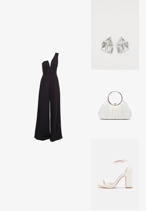 Schwarzer Jumpsuit mit einem einseitigen Design, tiefem V-Ausschnitt, weiten Beinen und einem taillierten Oberteil. Hergestellt aus einem glatten, dehnbaren Stoff.; Weiße High-Heel-Sandale mit Knöchelriemen, minimalistisches Design, offene Zehen, Blockabsatz und glattes Lederfinish.; Weiße plissierte Handtasche mit einem runden goldenen Griff, aus weichem Stoff und in runder Form. Elegantes Design mit einer strukturierten Oberfläche.; Silberne Metallohrringe mit einem wellenförmigen, skulpturalen Design, das eine polierte Oberfläche und unregelmäßige Formen aufweist, die eine zeitgenössische Ästhetik betonen.