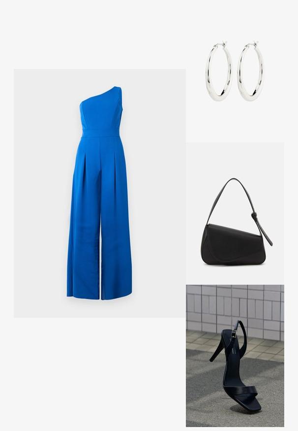 En-shoulder blå jumpsuit med en tætsiddende bodice, brede plisserede bukser og glat tekstur. Fremstillet af et let stof.; Sort højhælet sandal med ankestrop og firkantet tå placeret på fortovet mod en baggrund af flisebelagt væg.; Sort læderhåndtaske med en triangular form, skrå klap og et rundt håndtag. Har en glat overflade og minimalistiske design detaljer.; Sølvøreringe i form af hoops med en glat, blank finish. Cirkulær form, der har en sikker lås. Simpelt og elegant design.