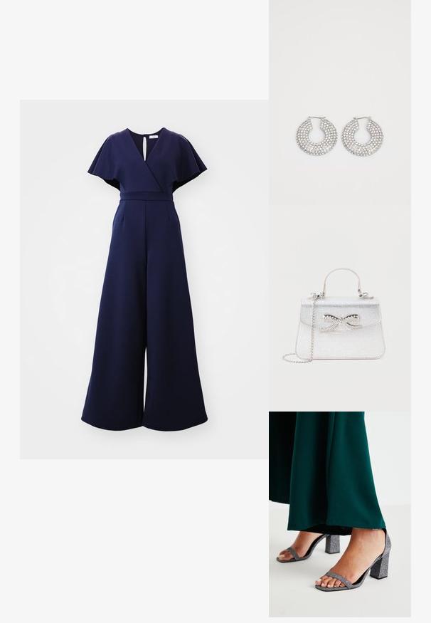 WAL G. BETTY WRAP - Ολόσωμη φόρμα - navy blue; Ασημένιες γυαλιστερές σανδάλια με τετράγωνη τακούνι, δύο λεπτές λωρίδες και τετράγωνη μύτη. Συνοδευόμενα από ένα σκούρο πράσινο ρούχο μήκους έως το έδαφος.; Μικρή ασημένια τσάντα με επάνω χερούλι, αλυσίδα ιμάντα και διακοσμητικό φιόγκο με στρας στο μπροστινό καπάκι.; Ασημένιες κρίκοι σκουλαρίκια διακοσμημένα με πολλές καθαρές κρυστάλλινες λεπτομέρειες, με υφή επιφάνειας και ανοιχτό κυκλικό σχέδιο.