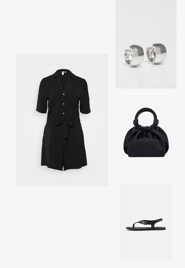 Combinaison noire à manches courtes avec col à revers, fermeture à boutons sur le devant, deux poches poitrine et une ceinture en tissu à la taille. Texture froissée.; Sandale plate noire avec bride à la cheville, entre-doigt et boucle argentée sur semelle lisse, vue de côté sur fond blanc.; Sac à main en tissu noir doux avec haut froncé et poignées circulaires rembourrées nouées de chaque côté.; Uncommon Matters SCULPTURAL LARGE CREOLE - Boucles d'oreilles - silver-coloured