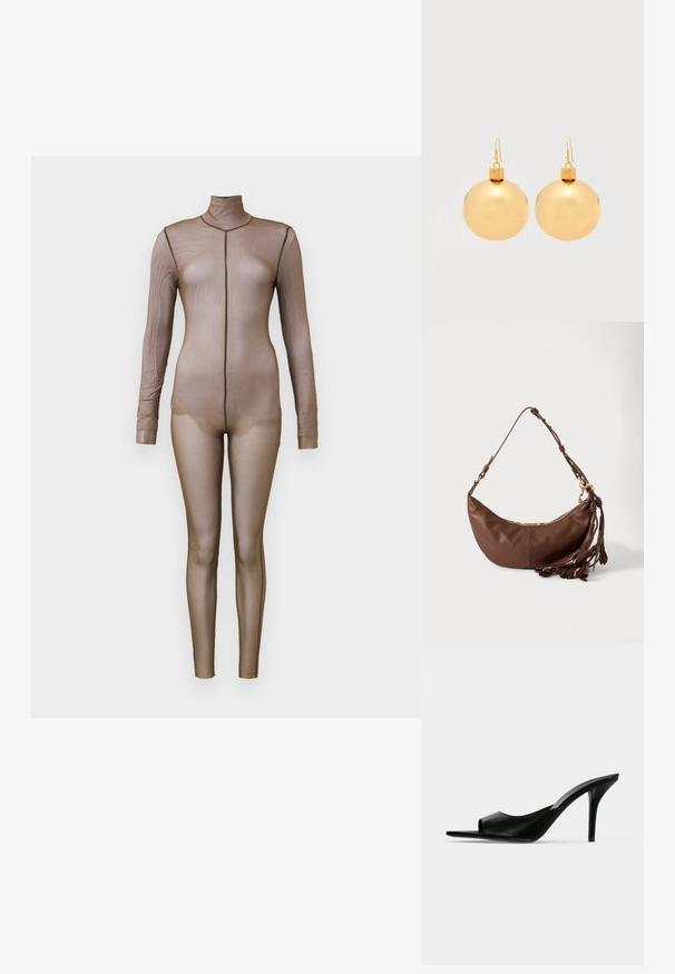 Bruine gaas bodysuit met lange mouwen en een hoge hals. Heeft een naadloos ontwerp met een aansluitende silhouet en minimale stikseldetails.; Zwarte leren mule met open teen en hoge slanke naaldhak, zijaanzicht tegen een effen achtergrond.; Bruine leren halvemaanvormige schoudertas met gouden rits en meerdere leren kwastjes die aan de band hangen op een witte achtergrond.; Een paar glanzende gouden kerstbal-oorbellen met haaksluitingen op een effen witte achtergrond.