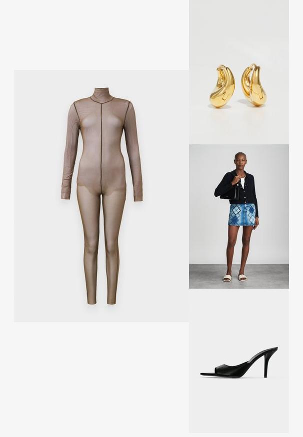 Brauner Mesh-Body mit langen Ärmeln und einem Mockneck. Verfügt über ein nahtloses Design mit einer figurbetonten Silhouette und minimalen Nähten.; Schwarzer Leder-Pantolette mit offenem Zehenbereich und hohem, schlankem Stiletto-Absatz, im Seitenprofil vor neutralem Hintergrund gezeigt.; Schwarze Strickjacke, weißes Oberteil, Jeansrock mit blauem und schwarzem Diamantenmuster, schwarze Handtasche und beige Rutschsandalen.; Goldene Creolen mit einer glatten, geschwungenen Form und polierter Oberfläche. Mit einem Verschlussmechanismus und leichten Einkerbungen für Details.