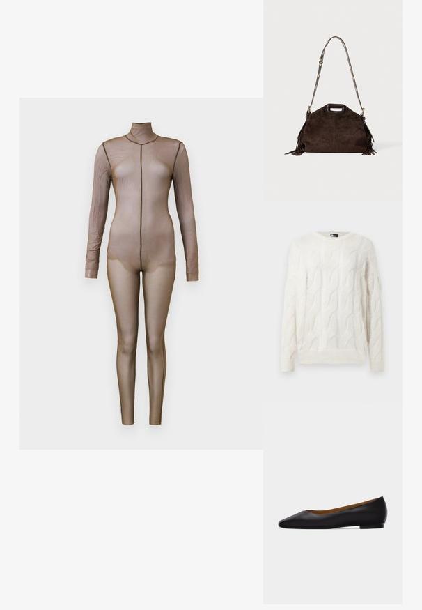 Brauner Mesh-Body mit langen Ärmeln und einem Mockneck. Verfügt über ein nahtloses Design mit einer figurbetonten Silhouette und minimalen Nähten.; Weißer gestrickter Pullover mit einem Zopfmuster, rundem Ausschnitt und langen Ärmeln. Die Textur wirkt weich und leicht durchsichtig.; Schwarzer flacher Schuh aus Leder mit spitz zulaufender Vorderkappe, niedrigem Absatz und glatter Oberfläche, von der Seite vor einem hellgrauen Hintergrund dargestellt.; Dunkelbraune Wildleder-Handtasche mit oberem Ausschnittgriff, verstellbarem Schulterriemen mit goldenen Akzenten und Fransen an den Seiten.