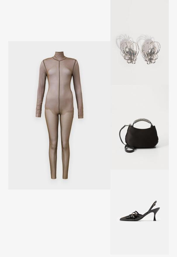 Bruine gaas bodysuit met lange mouwen en een hoge hals. Heeft een naadloos ontwerp met een aansluitende silhouet en minimale stikseldetails.; ALOHAS JOELLE ONIX - Klassieke pumps - black; Zwarte satijnen handtas met een gebogen zilveren handvat en een afneembare zwarte schouderriem. Zachte textuur en ronde vorm met een minimalistisch ontwerp.; Een paar zilveren metalen oorbellen met een open draadkooi-ontwerp en gladde centrale ovale vormen die gebogen schaduwen werpen op een witte achtergrond.
