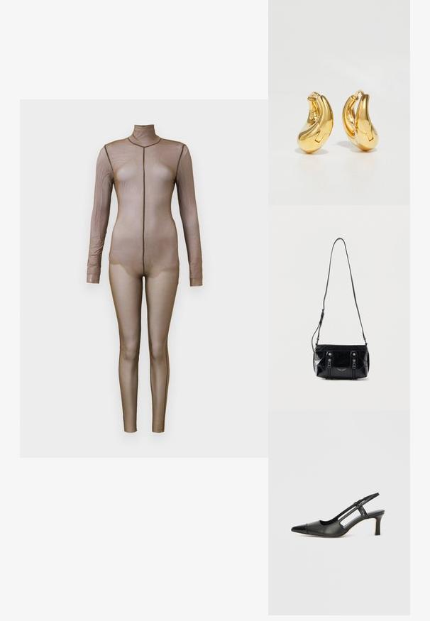 Brauner Mesh-Body mit langen Ärmeln und einem Mockneck. Verfügt über ein nahtloses Design mit einer figurbetonten Silhouette und minimalen Nähten.; Schwarzer Slingback-Schuh aus Leder mit spitz zulaufender Zehenpartie, versehen mit glänzendem Akzent auf der Vorderkappe und mittelhohem Absatz. Offenes Seitendesign.; Schwarze Lederschultertasche mit verstellbarem Riemen, zwei vertikalen Reißverschlüssen vorne und einem kleinen metallischen Flügel-Emblem unter den Reißverschlüssen.; Goldene Creolen mit einer glatten, geschwungenen Form und polierter Oberfläche. Mit einem Verschlussmechanismus und leichten Einkerbungen für Details.
