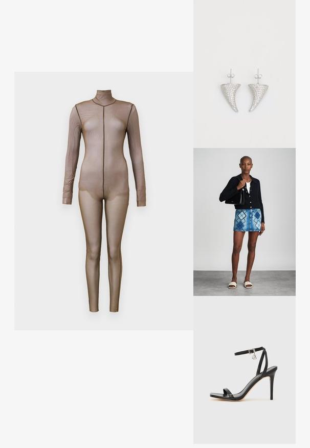 Bodysuit de malla marrón con mangas largas y cuello simulado. Presenta un diseño sin costuras con una silueta ajustada y un detalle de costura mínima.; Sandalia de tacón alto negra con una estrecha correa en el tobillo, punta cuadrada, material de cuero liso y detalle de hebilla metálica.; Cárdigan negro de punto, blusa blanca, falda de mezclilla con patrón de diamantes en azul y negro, bolso negro y sandalias deslizantes beige.; Pendientes en forma de cuerno plateado, engastados con pequeñas piedras transparentes, que cuentan con un cierre trasero para su sujeción. Textura suave y acabado metálico.