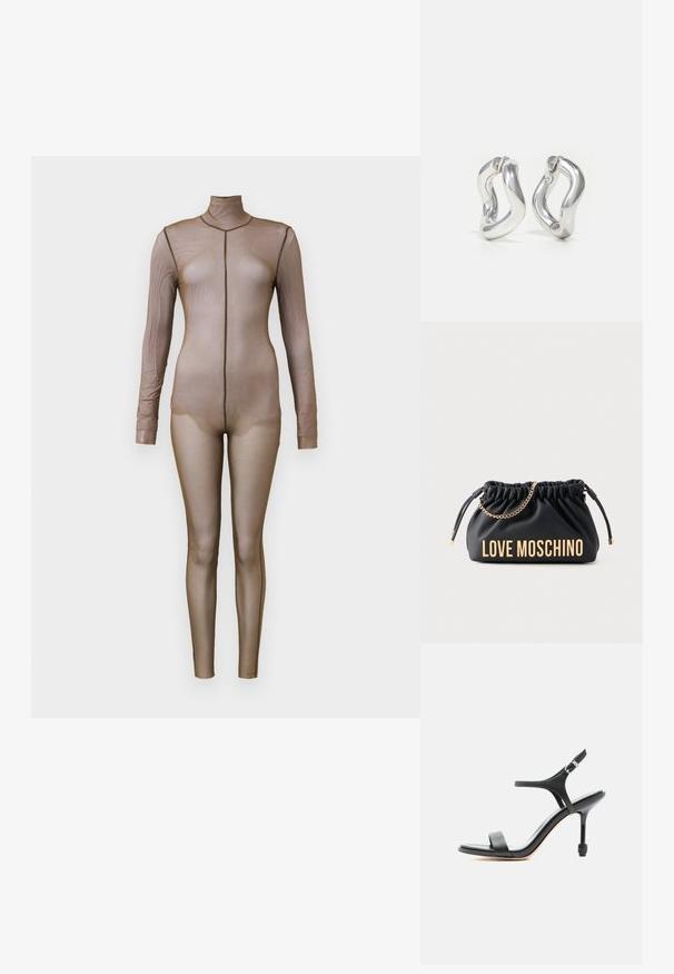 Brauner Mesh-Body mit langen Ärmeln und einem Mockneck. Verfügt über ein nahtloses Design mit einer figurbetonten Silhouette und minimalen Nähten.; Schwarze hochhackige Sandale aus Leder mit dünnen Riemen, offenem Zehenbereich und verstellbarer Schnalle am Knöchel, vor einem schlichten weißen Hintergrund präsentiert.; Schwarze, geraffte Lederhandtasche mit goldener Kettenriemen und goldener Aufschrift "LOVE MOSCHINO" auf der Vorderseite.; Silberne Creolen mit gedrehtem Design. Abgerundete Kanten und glänzende Oberfläche. Offen schließende Verschlüsse für einfaches An- und Ausziehen. Glatte Textur durchgehend.
