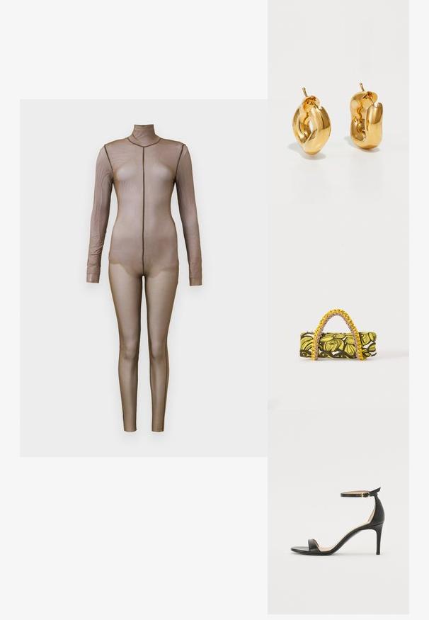 Bodysuit de malla marrón con mangas largas y cuello simulado. Presenta un diseño sin costuras con una silueta ajustada y un detalle de costura mínima.; Sándalo de tacón alto de piel negra con tiras en el tobillo. Presenta una textura suave, puntera abierta y un tacón delgado. Detalles de hebilla en tono dorado.; Bolsa rectangular con patrón floral en amarillo y negro y asa trenzada amarilla y rosa sobre fondo blanco.; Pendientes de aro grueso en oro con un diseño tubular ligeramente retorcido y cierre de presión, sobre un fondo blanco.