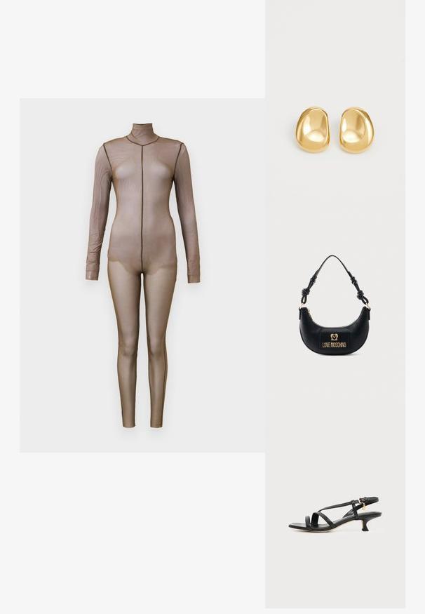 Bodysuit de malla marrón con mangas largas y cuello simulado. Presenta un diseño sin costuras con una silueta ajustada y un detalle de costura mínima.; Sandalia negra de cuero con tiras, tacón bajo de tipo kitten, hebilla en el tobillo y pequeño charm dorado sobre un fondo claro y liso.; Bolso negro en forma de media luna con asa anudada y placa frontal dorada con el logo "Love Moschino", cierre superior con cremallera.; Pendientes de studs en color dorado con una forma suave y redondeada y una superficie reflectante, que exhiben un diseño minimalista y sin patrones visibles.