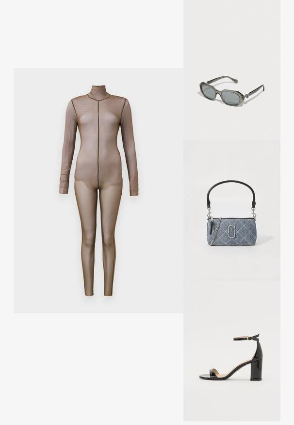Bodysuit de malla marrón con mangas largas y cuello simulado. Presenta un diseño sin costuras con una silueta ajustada y un detalle de costura mínima.; Sandalia de tacón alto en charol negro con pulsera en el tobillo y hebilla dorada, punta abierta y tacón ancho sobre fondo blanco.; Gafas de sol grises con lentes ovalados y un armazón grueso. Cuenta con acentos plateados en las patillas y un acabado suave y brillante.; Pequeña bolsa de mezclilla acolchada rectangular azul con asa de cuero negro, correa de cadena plateada, cremallera y emblema plateado en la parte frontal.