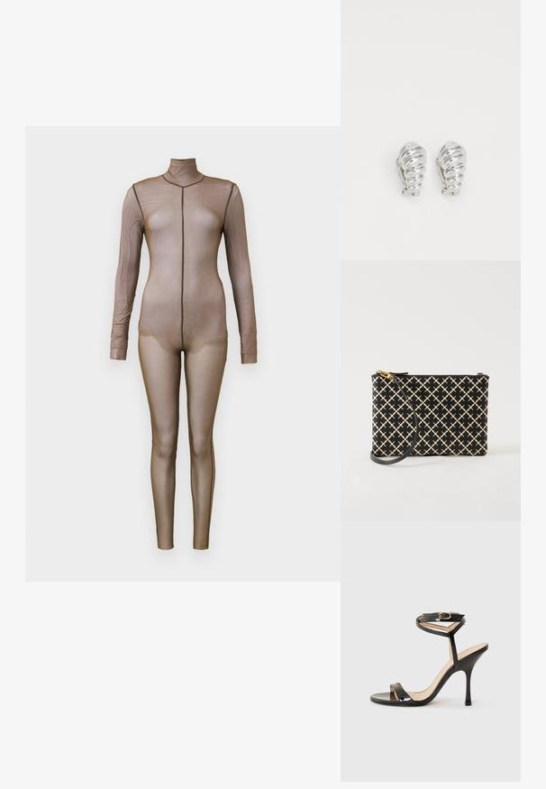 Bodysuit de malla marrón con mangas largas y cuello simulado. Presenta un diseño sin costuras con una silueta ajustada y un detalle de costura mínima.; Sandalia de tacón alto de charol negro con tira delgada en el tobillo y hebilla, punta abierta y tacón aguja esbelto sobre fondo blanco.; Bolso de mano tipo wristlet con estampado en negro y beige, cierre dorado y correa negra desmontable, presentado sobre fondo blanco.; Pendientes de clip plateados con un diseño en espiral, que presentan una textura metálica suave y formas redondeadas. Sin adornos ni patrones visibles.
