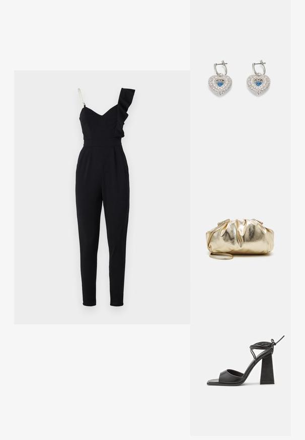 Sort jumpsuit med en flæse på den ene skulderstrop, skræddersyet pasform, smalle ben og struktureret liv. Har en tekstureret stof og en subtil glans.; RAID ROBINA - Højhælede sandaletter / Højhælede sandaler - black; Guldmetallic clutchtaske med en rynket tekstur, blød rund form og en aftagelig kæderekke. Har et sammenfoldet design øverst.; Sølv øreringe i hjerteform med en blå ædelsten i midten, omkranset af små klare krystaller for ekstra detaljer og tekstur.