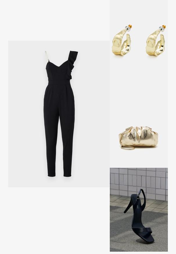 Sort jumpsuit med en flæse på den ene skulderstrop, skræddersyet pasform, smalle ben og struktureret liv. Har en tekstureret stof og en subtil glans.; Sort højhælet sandal med ankestrop og firkantet tå placeret på fortovet mod en baggrund af flisebelagt væg.; Guldmetallic clutchtaske med en rynket tekstur, blød rund form og en aftagelig kæderekke. Har et sammenfoldet design øverst.; Guldtonede øreringe formet som abstrakte hænder, med en skinnende overflade, intrikate detaljer og en sølv- og guldfarvet post til sikker fastgørelse.
