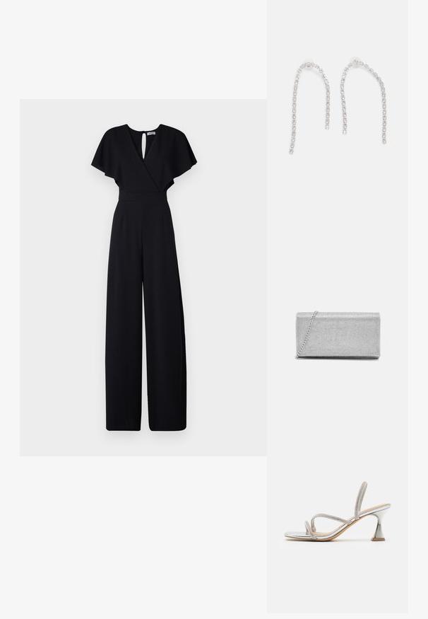Mono negro con diseño de pierna ancha, mangas cortas con vuelo y escote en V. Cuenta con un cierre en la espalda en forma de ojo de cerradura y una cintura ajustada para un aspecto estilizado.; Sandalias de tacón metálico plateado con tiras de malla entrelazadas y un exclusivo tacón acampanado. Plantilla suave y textura lisa con punta afilada.; Bolso de mano metálico plateado con diseño de malla trenzada, forma rectangular y una cadena para llevar. Textura suave y acabado pulido.; Pendientes de plata con cadenas colgantes, adornados con múltiples piedras preciosas transparentes dispuestas en un patrón lineal, que ofrecen un efecto deslumbrante.
