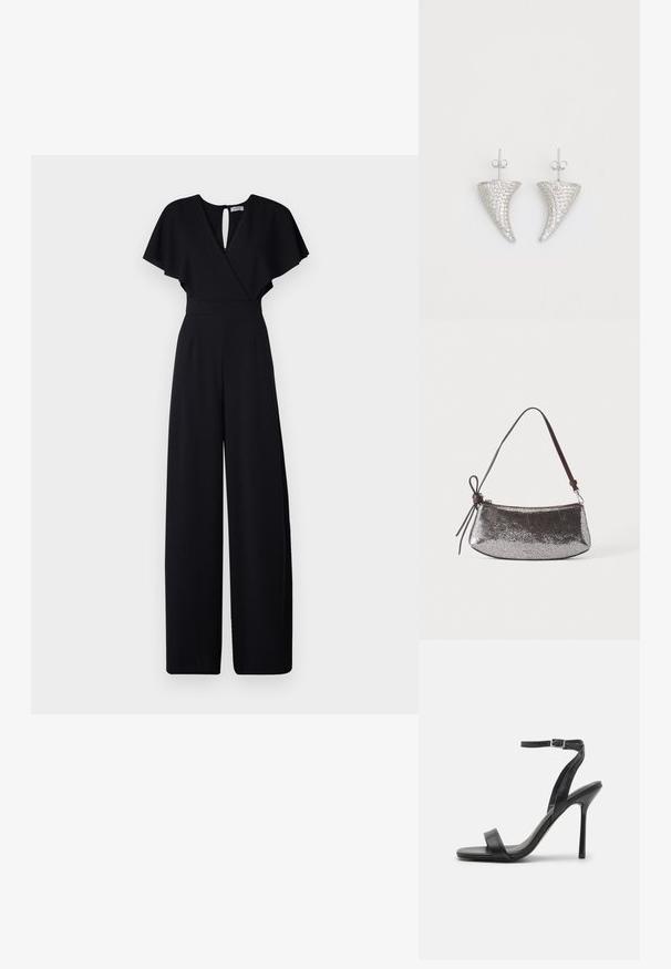 Schwarzer Jumpsuit mit weitem Bein-Design, kurzen, flatternden Ärmeln und einem V-Ausschnitt. Verfügt über einen Schlüsselhole-Rücken und eine taillierte Taille für einen eleganten Look.; Schwarze High-Heels-Sandalen mit schlankem Knöchelriemen und zwei vorderen Riemen. Aus glattem Leder gefertigt, mit einer eleganten spitzen Zehenform und einem Stiletto-Absatz.; Kleine metallische silberne Handtasche mit strukturierter Oberfläche, kurzem dunkelbraunem Riemen und dekorativer gebundener Schleife auf einer Seite.; Silberne, hornförmige Ohrringe, besetzt mit kleinen klaren Steinen, mit einem Steckverschluss zur Befestigung. Glatte Textur und metallisches Finish.