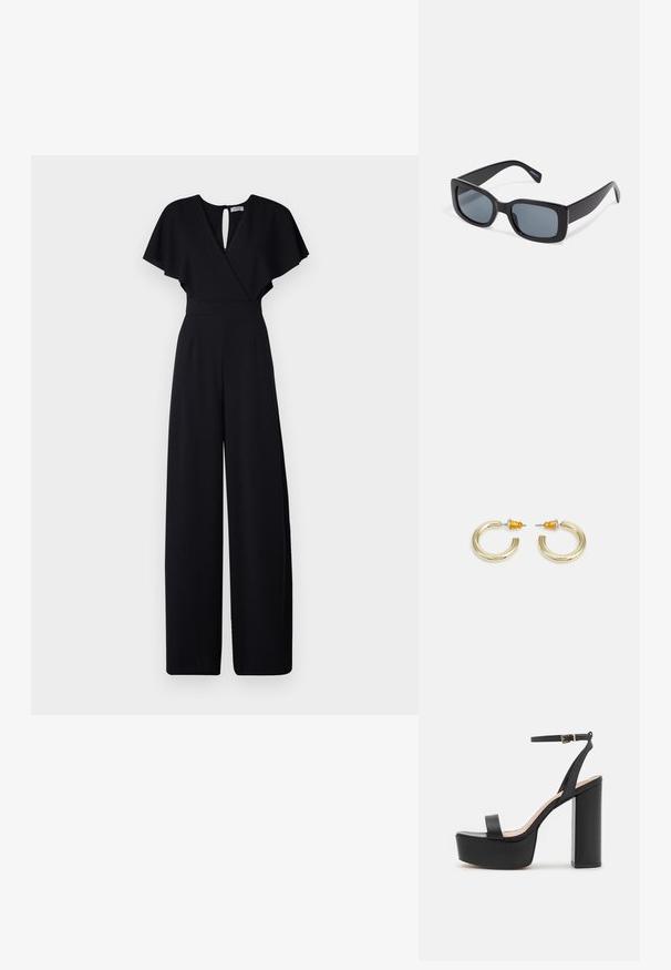 Mono negro con diseño de pierna ancha, mangas cortas con vuelo y escote en V. Cuenta con un cierre en la espalda en forma de ojo de cerradura y una cintura ajustada para un aspecto estilizado.; Sandalia de plataforma negra de tacón alto con una amplia tira en la parte delantera, tira en el tobillo y un tacón ancho. Textura de cuero suave, diseño minimalista.; Gafas de sol rectangulares negras con lentes oscuros, montura de plástico grueso y patillas anchas. Superficie lisa y diseño anguloso.; Pendientes de aro en tono dorado con una forma suave y redondeada y un acabado pulido. Presentan acentos naranjas en la parte trasera para un ajuste seguro.