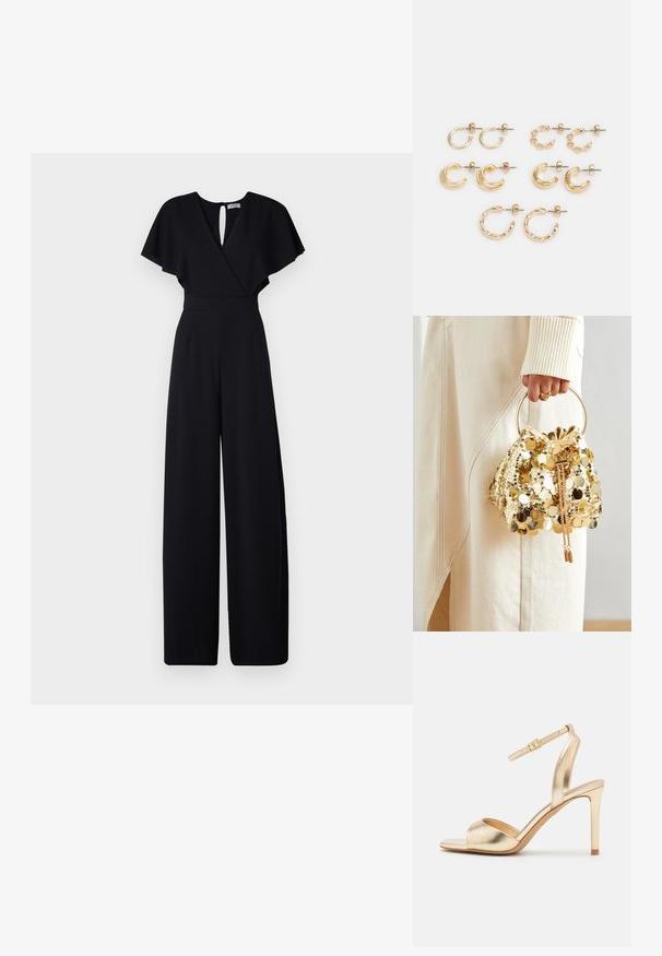Mustmust mustriga disainiga must jumpsuit, lühikesed flirdilised varrukad ja V-kujuline kaelus. Omab võtmeaugu tagaosa ja pinguldatud taljet, et luua voolav välimus.; ALDO SAKE - Pahkluukinnisega rihmikud - gold; Kuldse sära ja paelaga kott ringikujulise käepidemega, millel on läikivad ümmargused sequins ja tekstureeritud kangas. Mõõtmed ei ole esitatud.; Kuldse tooni kõrvarõngaste komplekt, mis sisaldab erinevaid kujundeid: väikesed rõngad, paksud kuujooned ja ahelaktsendid. Siledad ja tekstureeritud pinnad.