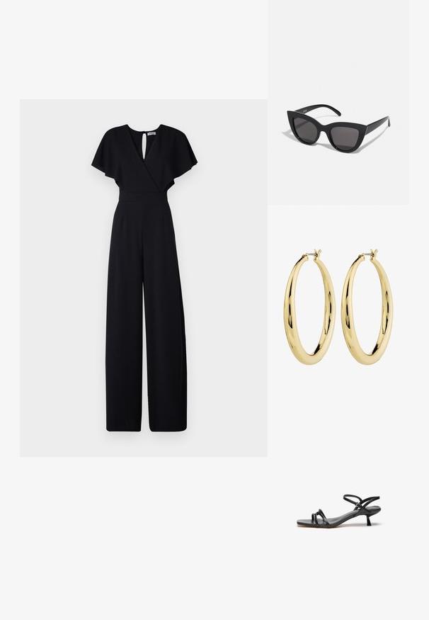 Mono negro con diseño de pierna ancha, mangas cortas con vuelo y escote en V. Cuenta con un cierre en la espalda en forma de ojo de cerradura y una cintura ajustada para un aspecto estilizado.; Sandalia de cuero negro con un diseño elegante y minimalista. Presenta dos correas delgadas y un pequeño tacón inclinado. Textura suave y punta abierta.; Gafas de sol negras en forma de ojo de gato con un acabado mate, que presentan lentes ahumados grises, ángulos pronunciados y brazos laterales elegantes. Nombre de la marca visible en el interior del brazo.; Pendientes de aro de oro con un acabado suave y pulido. Forma circular, con un cierre seguro en la parte superior. La superficie refleja la luz.