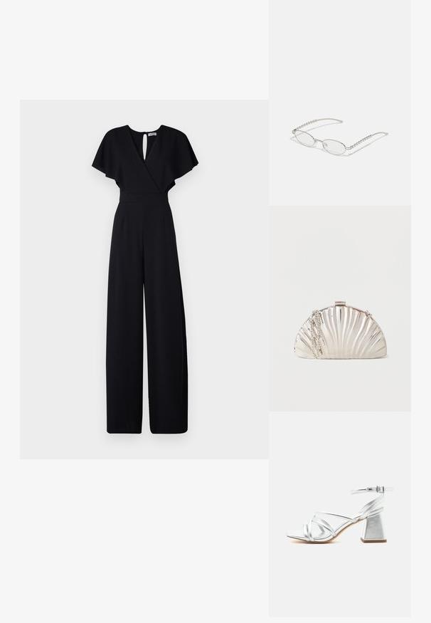 Sort jumpsuit med bred bendesign, korte flæseærmer og v-udskæring. Har en nøglehulslukning bagpå og en tætsiddende talje for et strømlinet look.; Sølvfarvet sandal med stropper, blokhæle og ankelrem med spænde, åben tå og glat sål på en ensfarvet hvid baggrund.; Ovale briller med en metallisk sølvramme, klare linser og strukturerede perleaccentede stænger. Letvægtsdesign med buede arme.; Metallisk sølv clutch-taske formet som en muslingeskal med en sølvkæde hængende på siden.