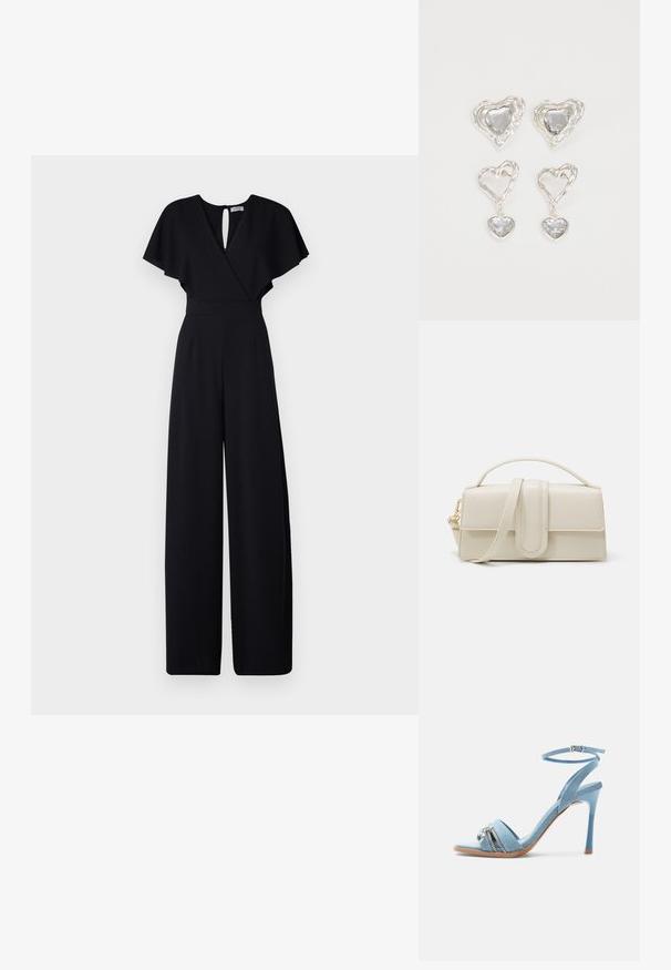 Sort jumpsuit med bred bendesign, korte flæseærmer og v-udskæring. Har en nøglehulslukning bagpå og en tætsiddende talje for et strømlinet look.; Lys blå denim-højhælet sandal med ankelrem, åben tå og sølv lynlås samt charm-detalje på frontstroppen.; Cremefarvet læderhandbag med rektangulær form, flad hank og aftagelig rem; har en frontklap med magnetlukning.; Sølvøreringe i hjerteform har facetterede klare sten med en struktureret ramme. Sættet inkluderer både studs og hængende stilarter.
