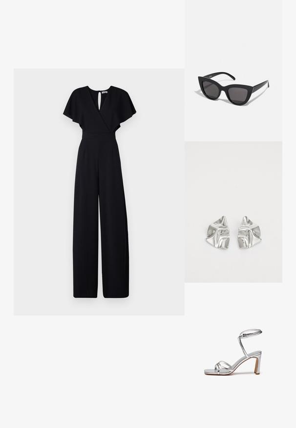 Sort jumpsuit med bred bendesign, korte flæseærmer og v-udskæring. Har en nøglehulslukning bagpå og en tætsiddende talje for et strømlinet look.; Sølv højhælede sandaler med firkantet tå, tynd ankelrem og vampremme. Glat metallisk finish med en 3-tommer blokhæl.; Sorte cat-eye solbriller med mat finish, der har grå tonede linser, skarpe vinkler og slanke sidearme. Mærkenavnet er synligt på den indre arm.; Sølvmetal øreringe med et bølgende, skulpturelt design, der har en poleret overflade og uregelmæssige former, hvilket fremhæver en moderne æstetik.