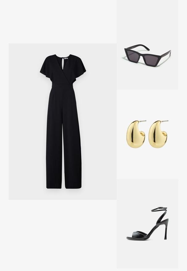 Mustmust mustriga disainiga must jumpsuit, lühikesed flirdilised varrukad ja V-kujuline kaelus. Omab võtmeaugu tagaosa ja pinguldatud taljet, et luua voolav välimus.; Must kõrge kontsaga sandaal avatud varbaga, peene kontsaga ja reguleeritava pandlaga pahkluu rihmaga valgel taustal.; Mustad mustrakellad, millel on hallid šabloonid; valmistatud plastist, paksude ja siledate kätega, ilma nähtava riistvarata.; Kuldsetes toonides käevõruga kõrvarõngad, millel on sile, poleeritud pind ja abstraktne, tilgakujuline kuju. Lihtne metallpostiga kinnitus.