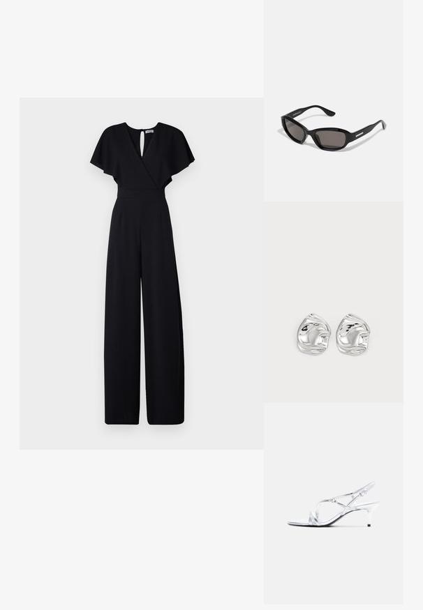 Mustmust mustriga disainiga must jumpsuit, lühikesed flirdilised varrukad ja V-kujuline kaelus. Omab võtmeaugu tagaosa ja pinguldatud taljet, et luua voolav välimus.; Hõbedased rihmikud sandaalid rafineeritud kontsaga, särava materjali ja avatud varbaga disainiga ning reguleeritava pahkluu rihmaga.; Mustad prillid, millel on ristkülikukujuline raam, tumedad objektiivid, sile plastikmaterjal ja metallist aksent tempel.; Hõbedased abstraktse kujuga kõrvarõngad läikiva viimistlusega, millel on siledad kõverad ja peened kontuurid. Ilma nähtavate mustrite või aktsentideta.