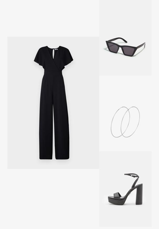 Sort jumpsuit med bred bendesign, korte flæseærmer og v-udskæring. Har en nøglehulslukning bagpå og en tætsiddende talje for et strømlinet look.; Sorte platform højhælede sandaler med åben tå, bred forreste rem og justerbar ankelrem. Glat læderfinish og chunky blokhæle.; Sorte, kantede solbriller med grå linser; lavet af plast, med tykke stænger med en glat overflade og ingen synlig hardware.; Sølvøreringe med et minimalistisk design. Cirkulær form, glat tekstur og tynd profil. Letvægtige med en poleret overflade.
