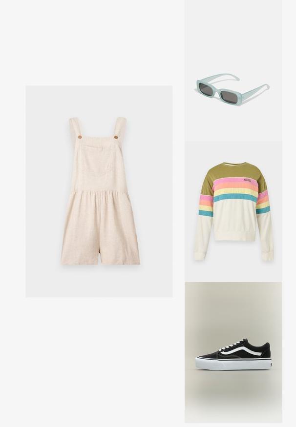 Salopette courte en lin beige avec larges bretelles, poche avant, boutons en bois et taille froncée sur fond uni.; Sweat-shirt à manches longues avec haut vert olive, bas crème et rayures horizontales rose, orange, jaune et bleues sur la poitrine et les manches.; Baskets basses noires avec bande blanche latérale, lacets blancs, semelle en caoutchouc blanche et bout texturé sur fond neutre.; Une paire de lunettes de soleil rectangulaires avec des montures translucides bleu clair et des verres gris foncé, présentant des branches droites et des détails matériels minimaux.