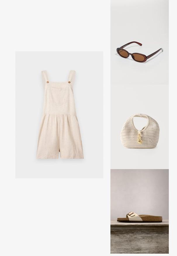 Salopette courte en lin beige avec larges bretelles, poche avant, boutons en bois et taille froncée sur fond uni.; Sandale à enfiler avec un dessus métallique léger, une semelle en liège et une semelle en caoutchouc brun texturé. Détail de boucle avec accent logo.; Lunettes de soleil rondes teinte brun avec une monture bordeaux brillante. Branches fines avec un détail de marque subtil. Design de verres plats.; Sac à main tressé de couleur crème, forme arrondie, poignée courte et fermoir décoratif doré suspendu au centre devant.